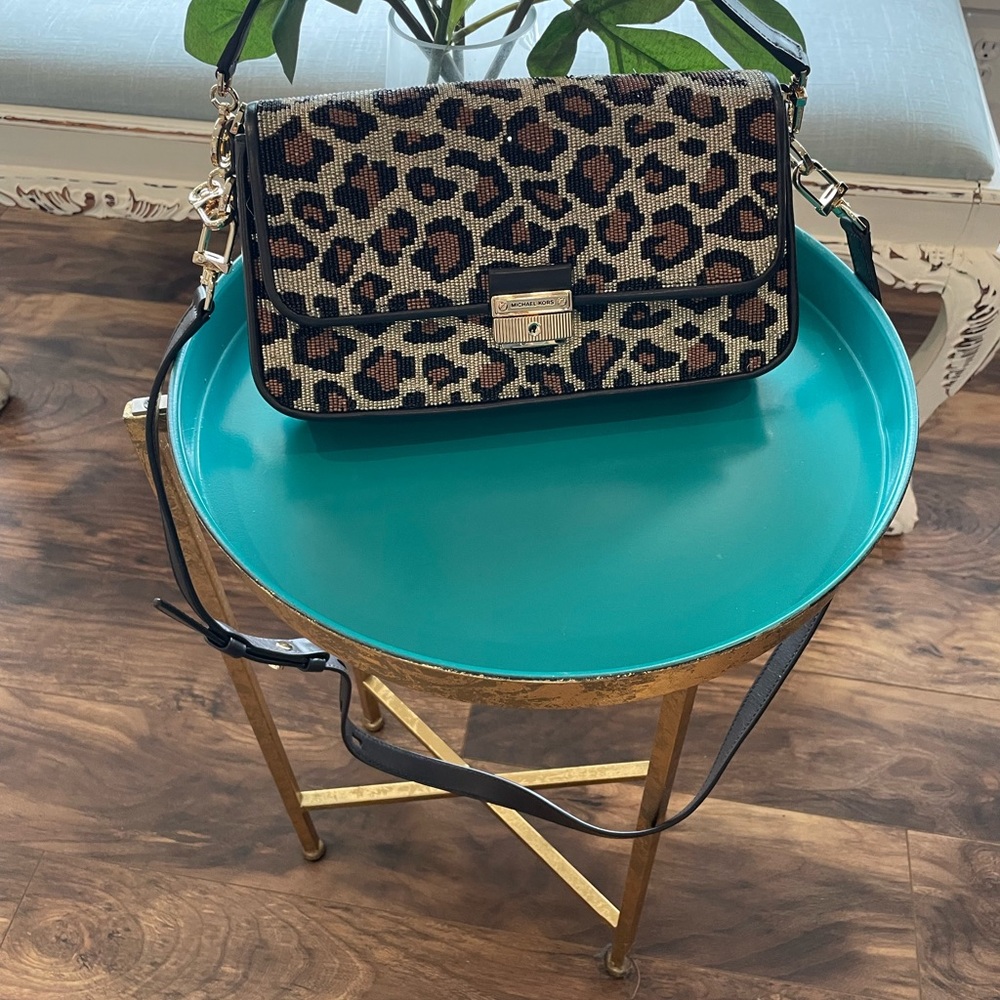 Michael Kors Bradshaw Small Leopard Beaded Shoulder Bag